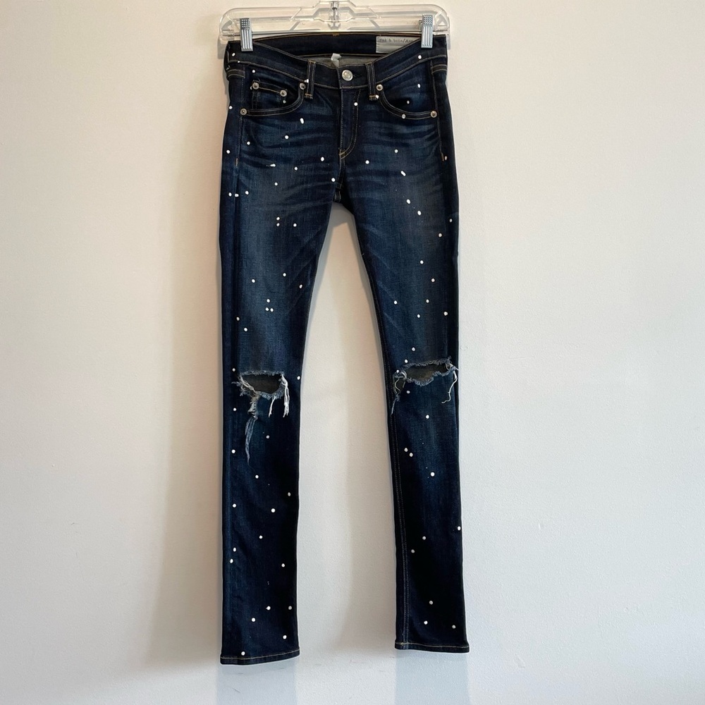 Rag and Bone Dark Wash Anfield Splash Skinny Jeans White Paint Splatter Size 25